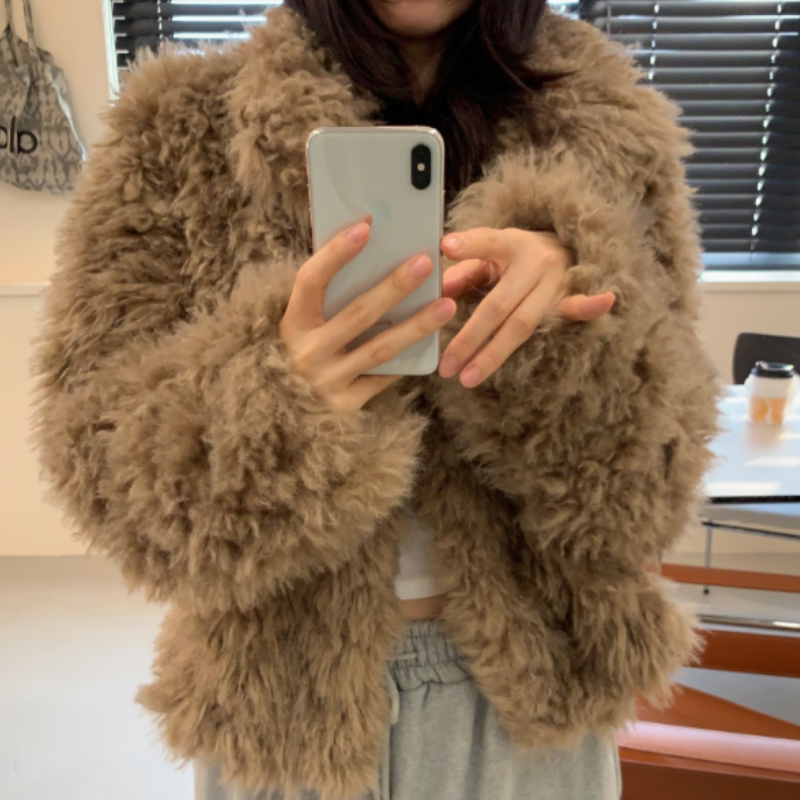 韩国毛绒仿毛纯色皮草大衣外套女