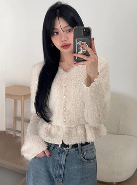 韩国小香风珍珠扣毛绒衬衫外套女