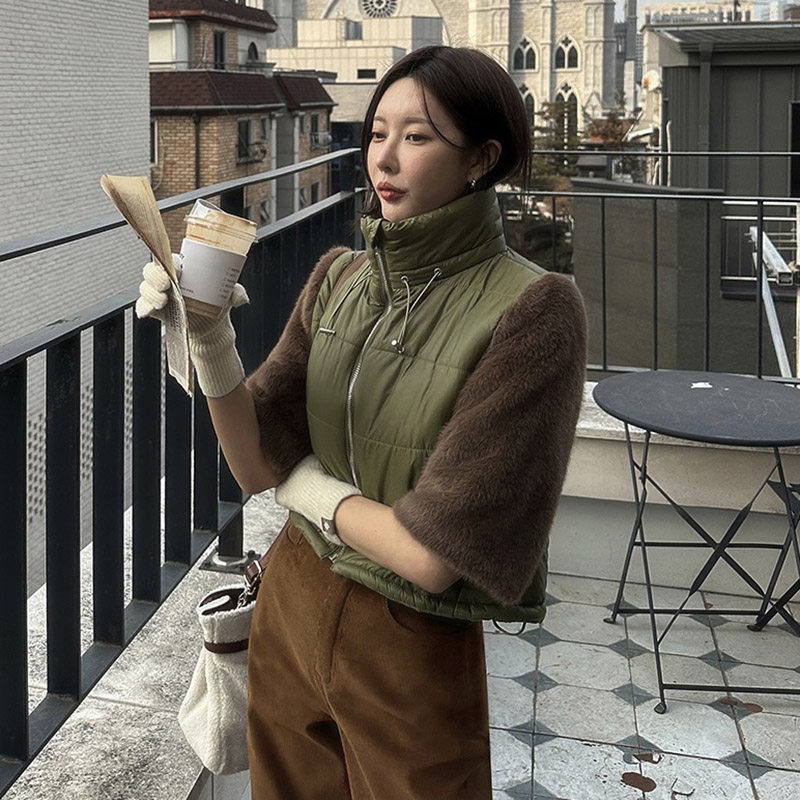 韩国东大门立领撞色拼接毛毛袖保暖显瘦短款军绿色马甲棉服外套女