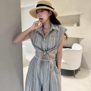 套装 高腰阔腿裤 女 马甲衬衫 韩国东大门2025夏小香风条纹翻领飞袖