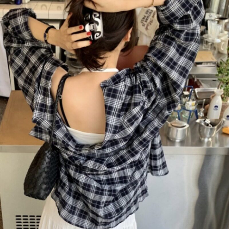 韩国格子翻领系扣长袖防晒衬衫女