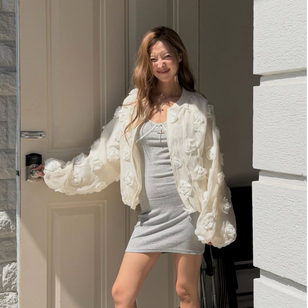 韩国立体花朵薄纱棒球服夹克外套