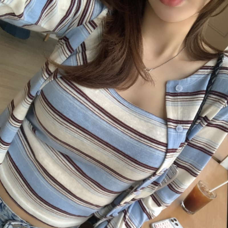 韩国东大门洋气修身条纹拼色吊带背心女上衣+长袖针织开衫两件套