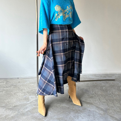 韩国格纹假两件不规则毛呢半身裙