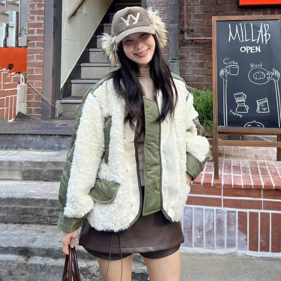 韩国撞色拼接棉服仿羊羔毛外套女