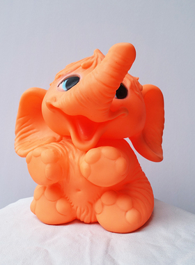 大只少见！意大利中古胶皮小象橙色70年代打标玩具可爱礼物摆件J