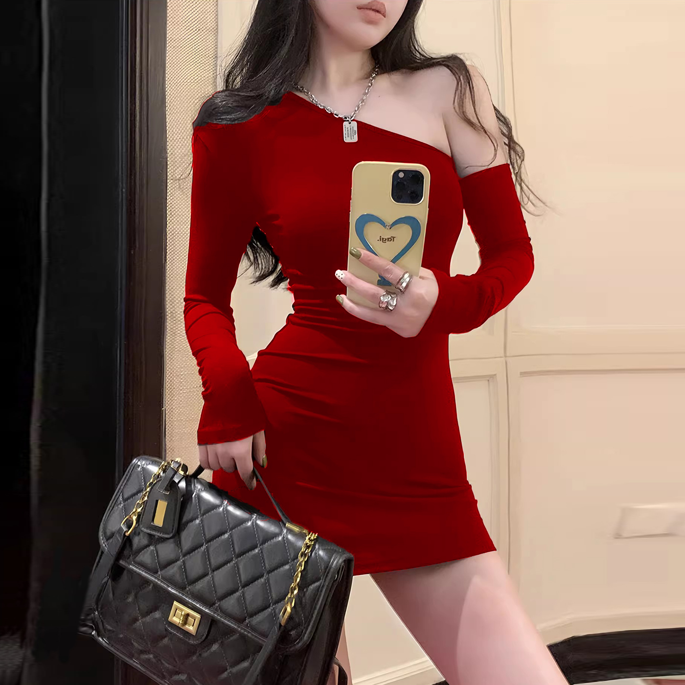 辣妹性感纯欲轻熟穿搭秋新款紧身包臀裙漏斜肩修身长袖连衣短裙女