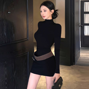 气质紧身包臀裙短款秋冬内搭高领打底修身收腰显身材长袖连衣裙女