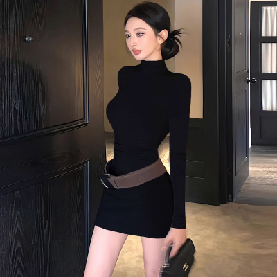 气质紧身包臀裙短款秋冬内搭高领打底修身收腰显身材长袖连衣裙女