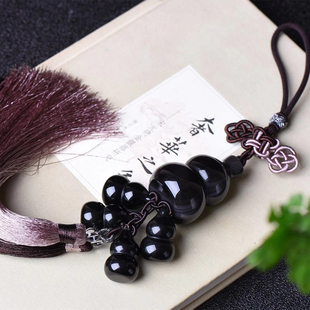 天然黑曜石葫芦车挂 黑曜石福禄双全车挂 五福平安车挂件