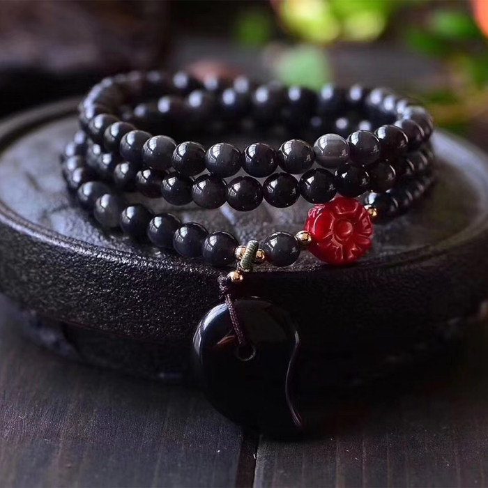 天然黑曜石手链 3圈黑曜石勾玉手链 黑曜石多圈手链