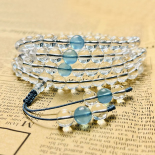 白水晶108粒佛珠念珠手链 白水晶手链 白水晶配海蓝宝隔珠手串