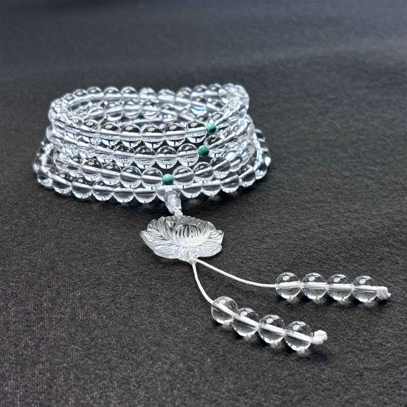 天然白水晶108颗佛珠念珠绿松石手链男女款莲花手持挂饰项链