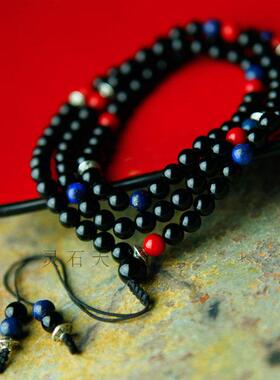 天然黑玛瑙青金石佛珠手链