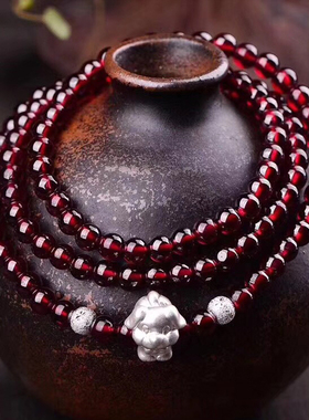 天然925银十二生肖石榴石手链