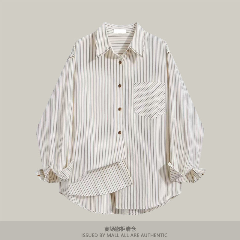 专柜品质Polo领条纹衬衫女士春秋通勤穿搭气质休闲中长款上衣开衫