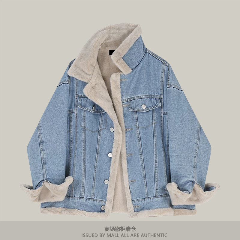 专柜韩版牛仔加绒外套女士两面穿冬季慵懒风宽松加厚棉服派克大衣