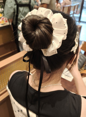 甜美百搭发饰女白色缎面波点丝带大肠发圈芭蕾风丸子头扎马尾头饰
