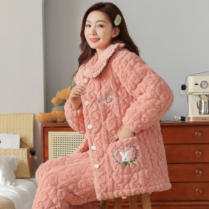 睡衣女冬季三层加厚珊瑚绒夹棉袄韩版连帽保暖加绒女士家居服套装
