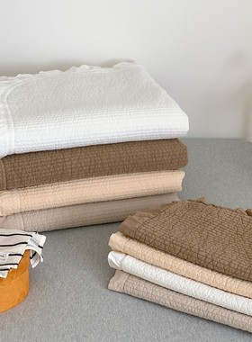 韩系ins木耳边全棉砂洗绗缝单床盖三件套简约直条夹棉加厚床单软