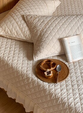 Favoria韩系ins全棉80支砂洗绗缝方格花边床单夹棉床盖床品三件套