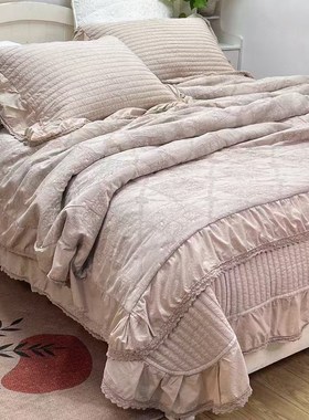 韩国高端砂洗纯棉床盖三件套多功能夹棉被套四件套夹棉床单套件