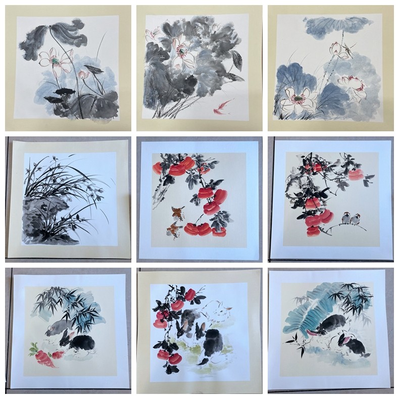 纯手绘三尺斗方写意国画花鸟字画柿子荷花兰花兔子事事如意卡纸画