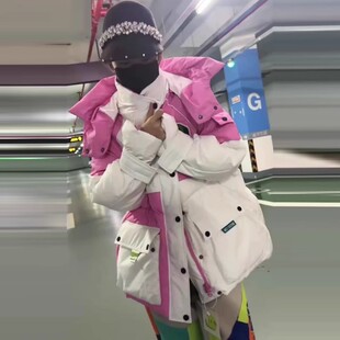 欧货高端休闲大版白鸭绒羽绒服连帽拼色宽松阔版潮牌加厚冬装女装