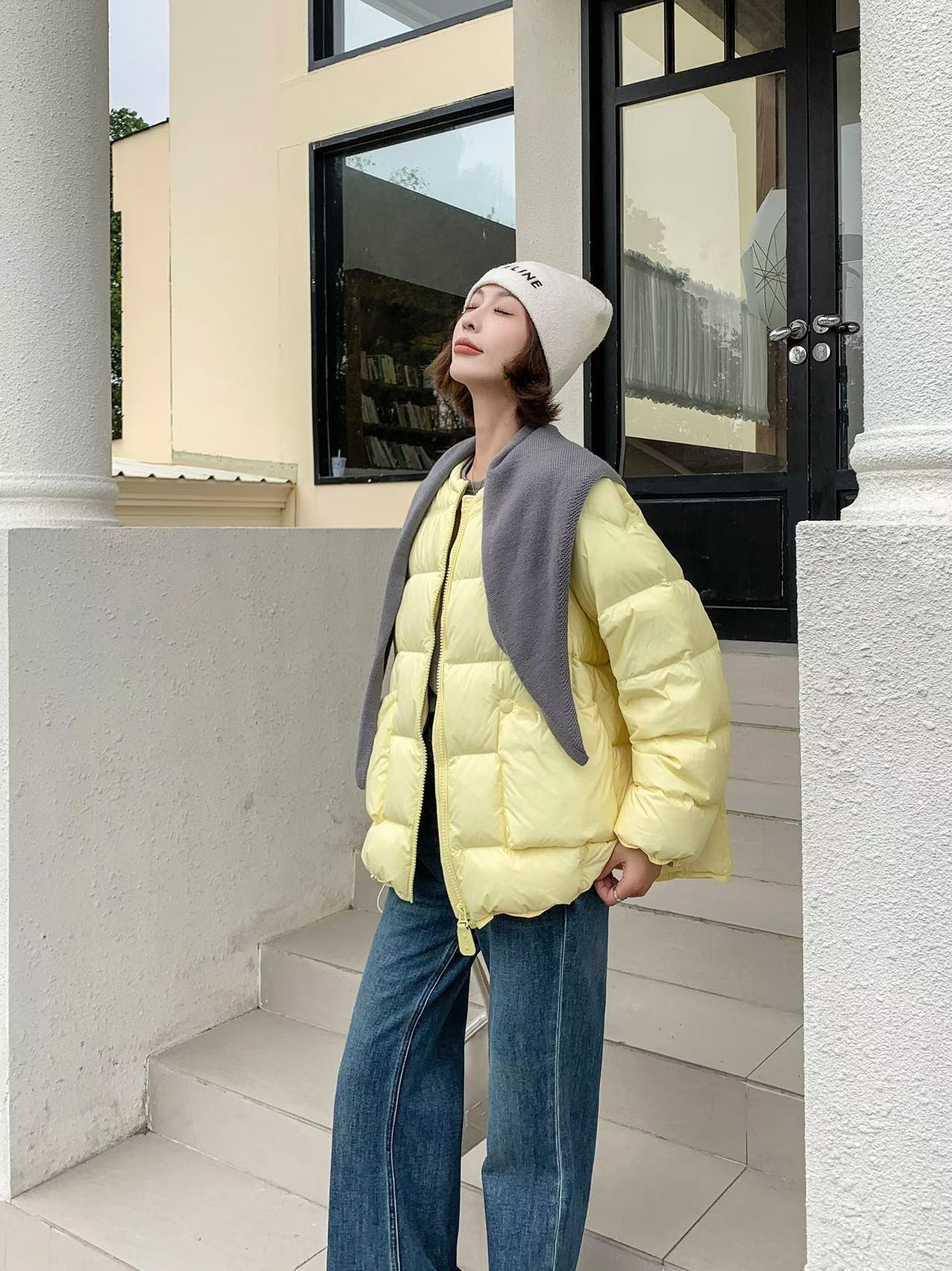 欧洲站2025冬季白鸭绒羽绒服配披肩女圆领休闲百搭宽松拉链衫潮