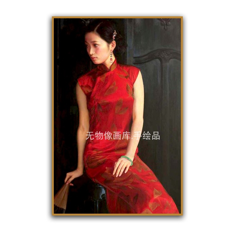 手绘新中式人物油画红色旗袍美女画装饰样板间会所客厅玄关墙挂画