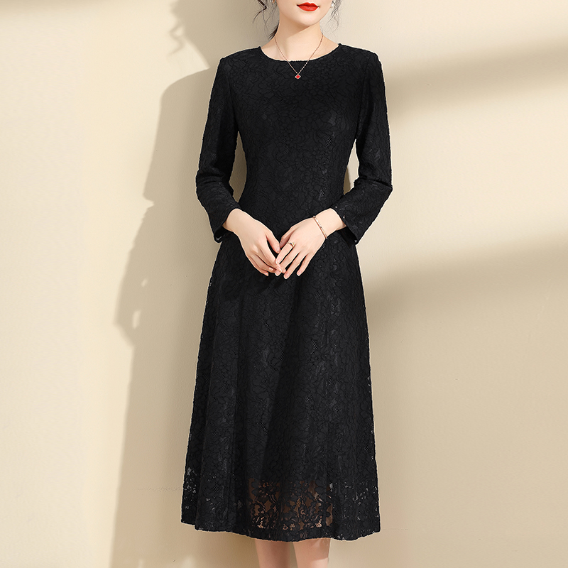 annally春装新款气质优雅名媛修身显瘦中长款打底黑色蕾丝连衣裙