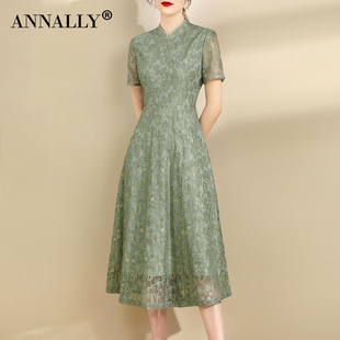 优雅气质通勤修身 中长款 新款 Annally夏季 大摆绿色蕾丝连衣裙