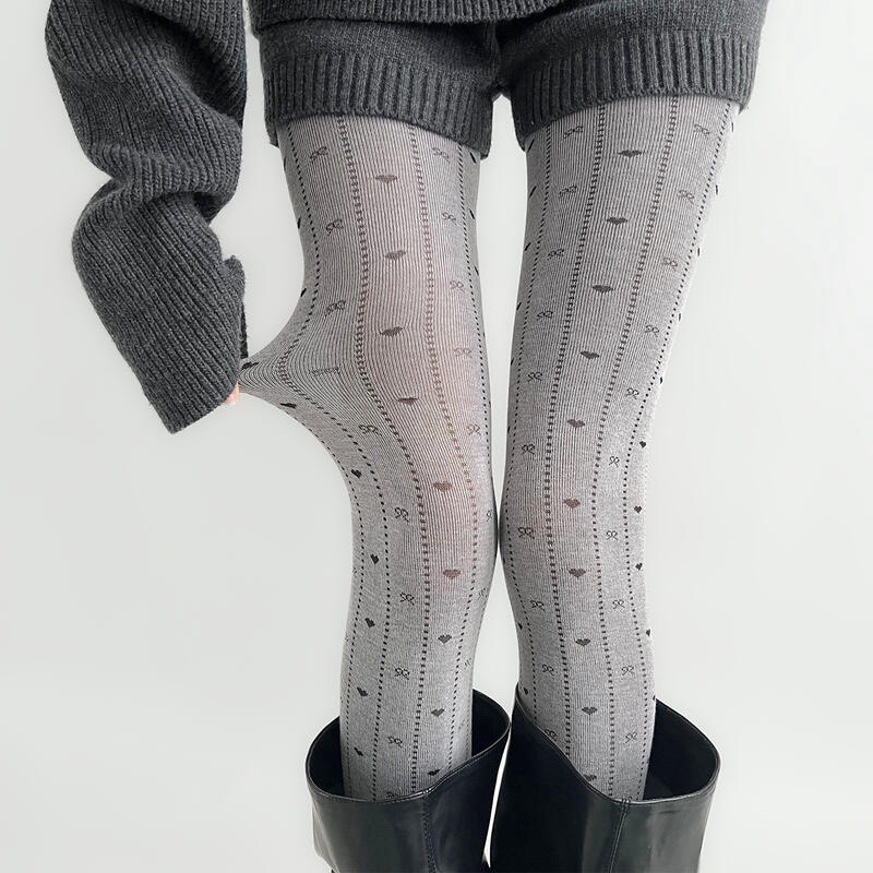 蝴蝶结爱心提花连裤袜竖条纹丝袜