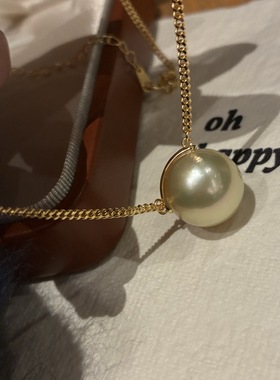 ins风古巴链大点位天然14-15mm正圆微瑕海水南洋金珠项链奶油金色