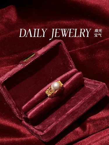 天然7-8mm冷光淡水珍珠复古蕾丝戒指S925纯银镀18k金小众轻奢送礼