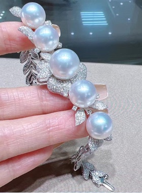 豪华新款18k金3D满钻镶嵌11-12mm天然南洋白色海水珍珠花朵手链