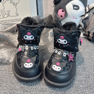 女童黑色保暖雪地靴女款皮面防水儿童宝宝短筒大棉鞋2025新款冬季