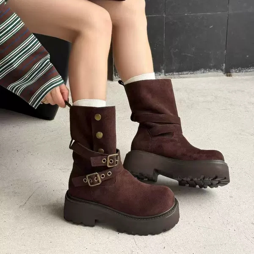 中筒靴牛仔风英伦纯色复古日常