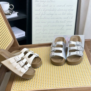 2025夏季新款厚底勃肯拖鞋女外穿水钻高级感配裙子沙滩一字凉拖鞋