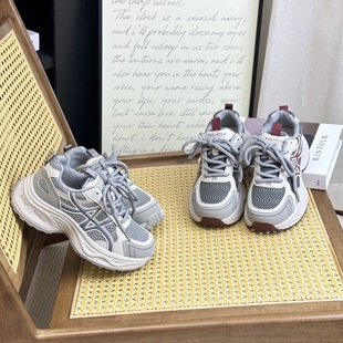 百搭学生轻便显脚小厚底运动鞋 韩版 女2025新款 复古拼色真皮老爹鞋