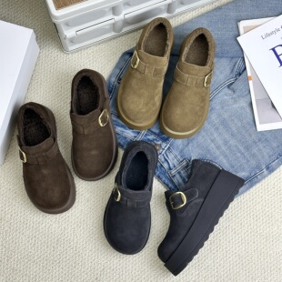 加绒羊毛保暖6CM增高乐福女鞋 反绒真皮松糕厚底勃肯鞋 女25冬新款