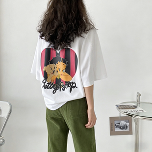 韩系卡通爱心印花宽松百搭显瘦黑白两色时髦上衣纯棉圆领短袖 T恤