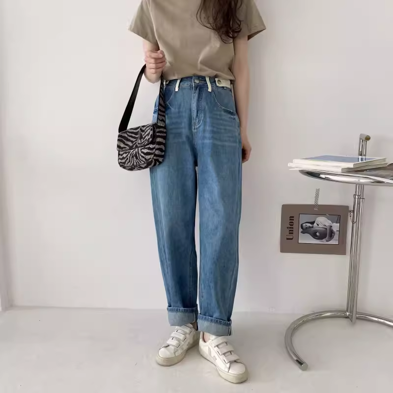 包邮！183# 拼色高腰纽扣设计小直筒牛仔裤  0.56KG