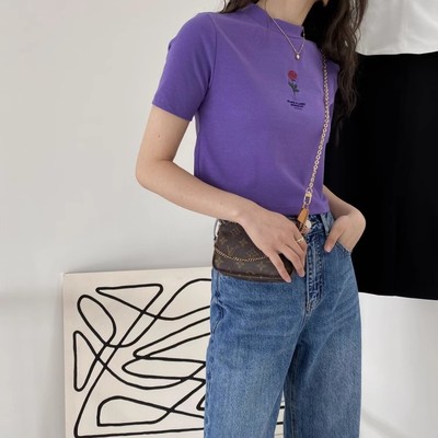 包邮!34880#辣妹风高腰短款~精致刺绣花朵短袖T恤叠穿上衣 0.11KG