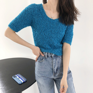 温柔奶杏色 9031 包邮 0.24KG 圆领短袖 弹力上衣 气质高腰短款