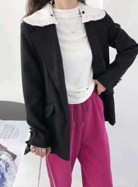 包邮！61273#复古荷叶边可拆卸多穿法厚实纯色宽松西装外套0.96KG