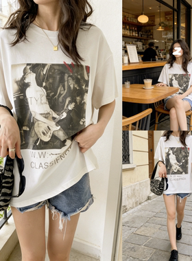 Hell*oo Eat 复古做旧纯棉宽松大版数码印花圆领套头T恤短袖上衣