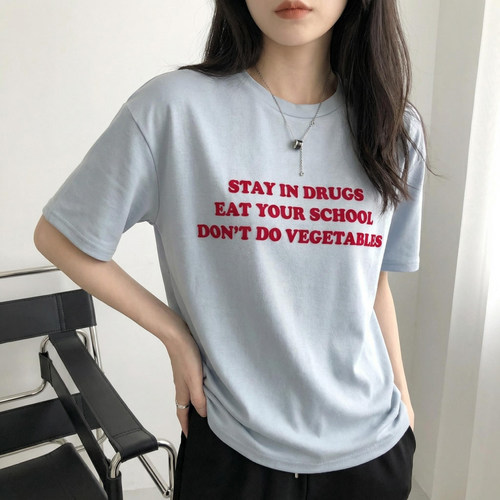 美式风~植绒字母印花圆领宽松纯棉短袖T恤女士叠穿上衣