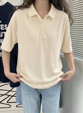 JTENGC~宽松型翻领POLO衫短袖休闲T恤情侣款纯色舒适百搭上衣
