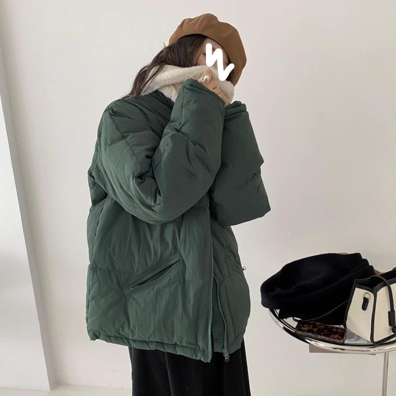 包邮！0296#斜拉链口袋翻领保暖厚实女冬款羽绒服 领子可拆0.93KG